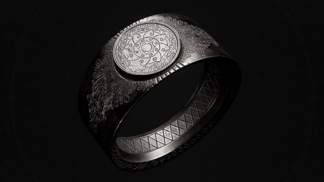 A strange silver ring with an arcane sigil on it sits on a black background in Remnant 2.