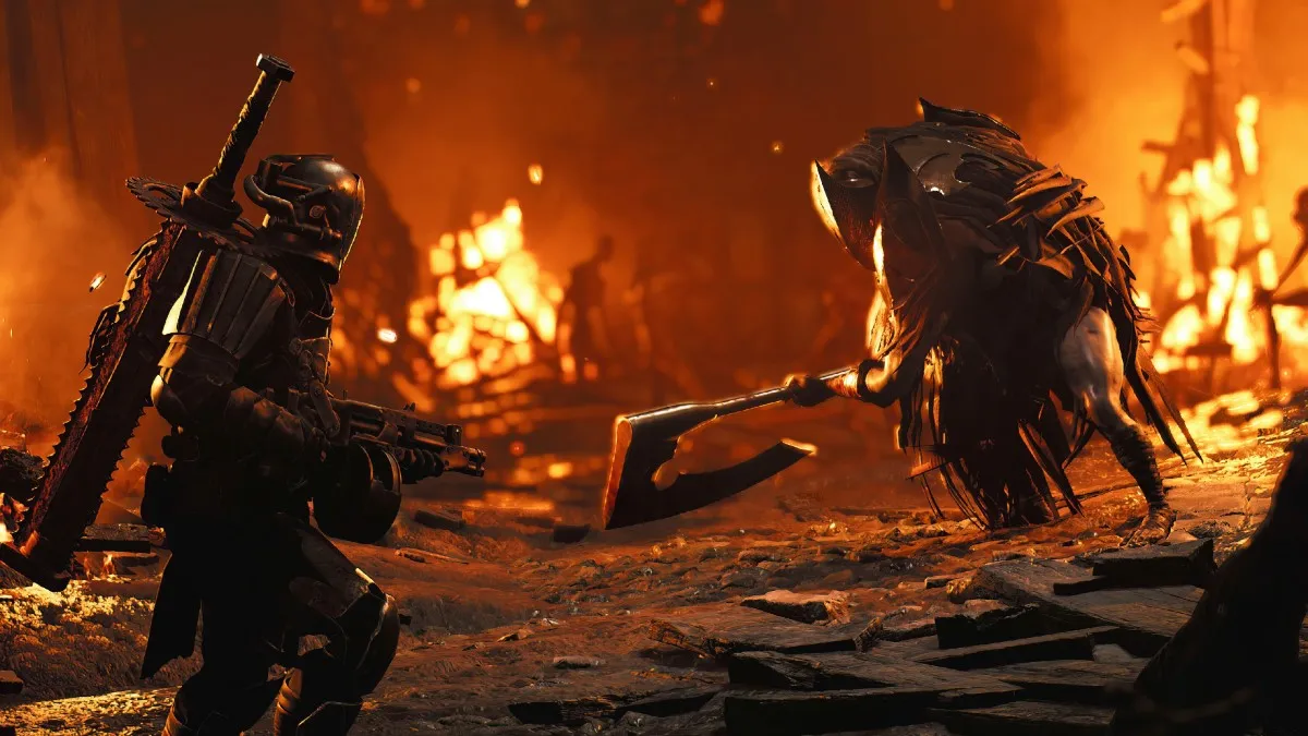 A large, circular man with a greataxe faces off against a man with a chainsword and heavy armor in a burning environment in Remnant 2.