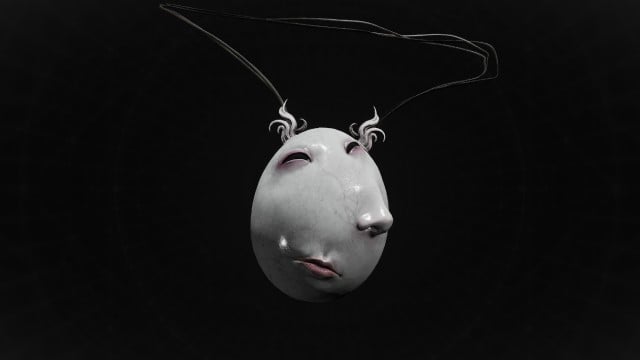 A strange necklace depicting a white rock with several lips sits on a black background in Remnant 2.