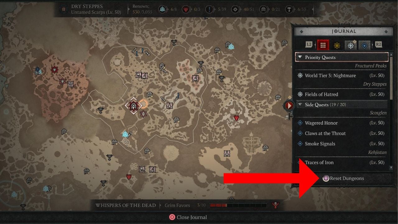 Red arrow pointing to the dungeon reset button on the map in diablo 4