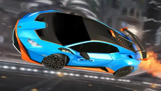 Image of a blue Lamborghini soaring through the air with flames emitting from its tail.