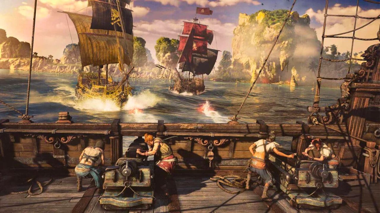 Pirates aboard a ship stand firing cannons across at other ships in a bay in Skull & Bones.
