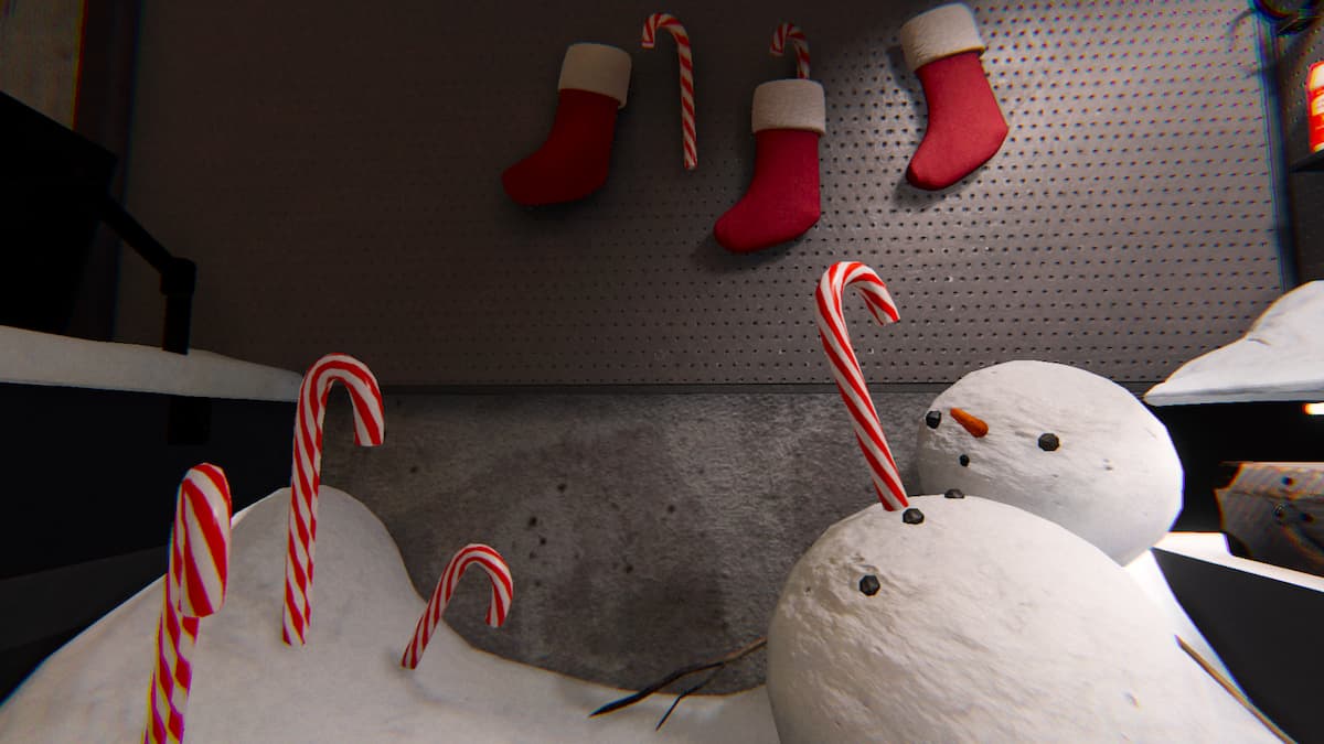 A snowman impaled by a candy cane.