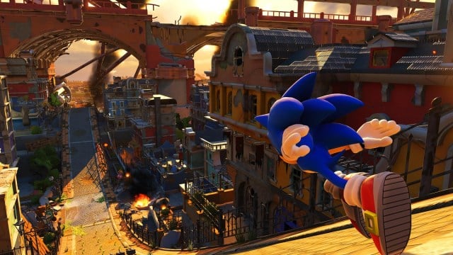 Sonic races down a hill toward a war-torn city in sunset in Sonic Forces.