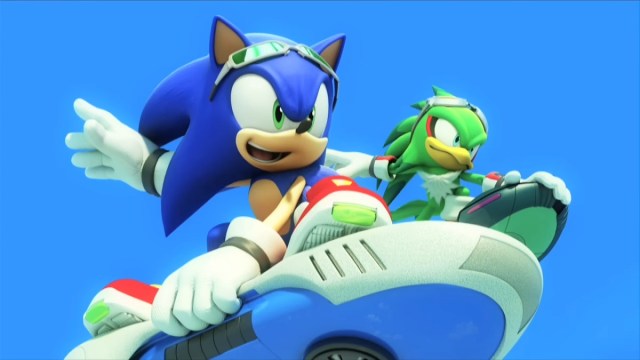 Sonic Free Riders Jet the Hawk gliding through air on hoverboards.