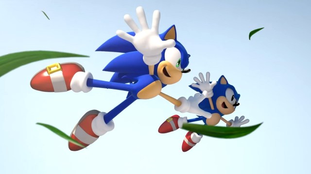 Classic and Modern Sonic flying through the air