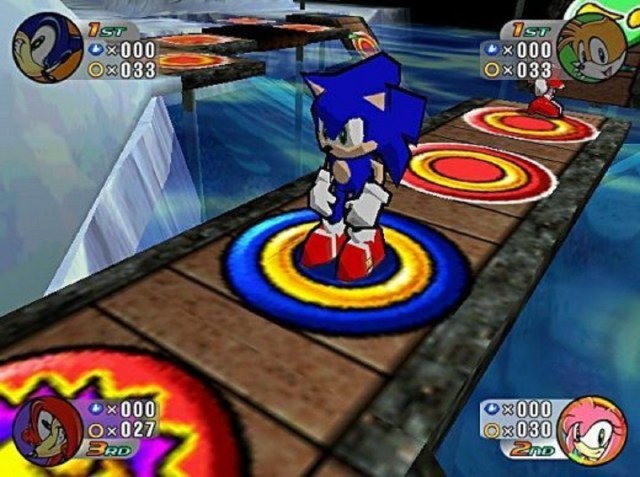 Sonic stands on a bridge tile above a river in Sonic Shuffle
