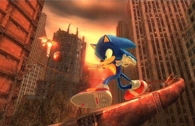 Sonic riding a grind rail in the middle of a city in Sonic 06.
