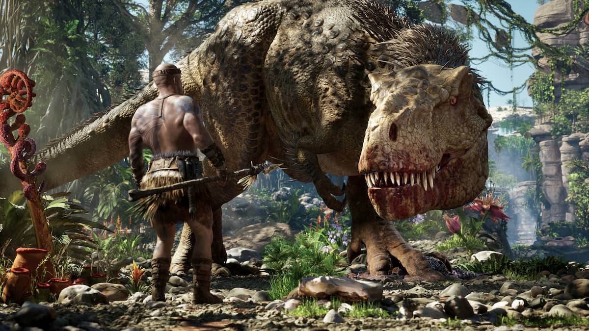 Vin Diesel's character in Ark 2 facing off against a dinosaur.