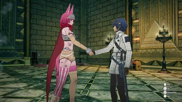 A male with blue hair shakes hands with a dirty pink woman who has ears and a tail like a fox