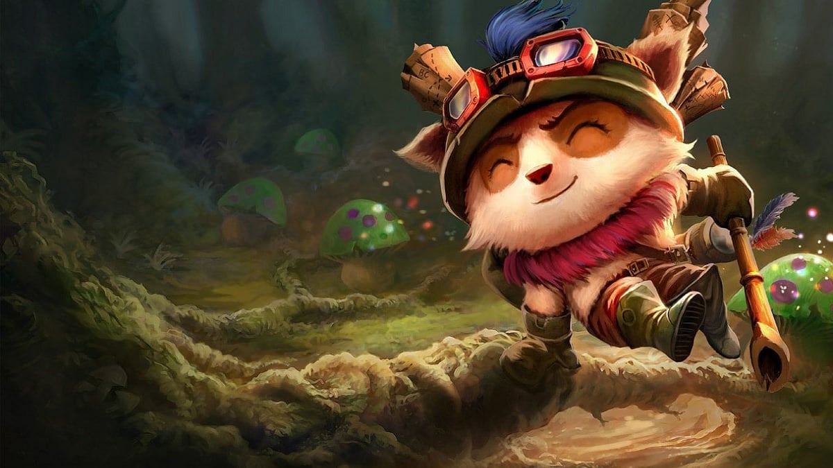 Teemo jumping over tree roots, smiling.