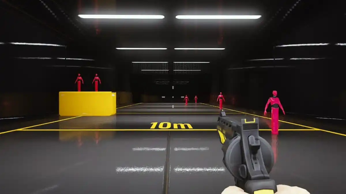 A player using R. 357 at the shooting range in THE FINALS