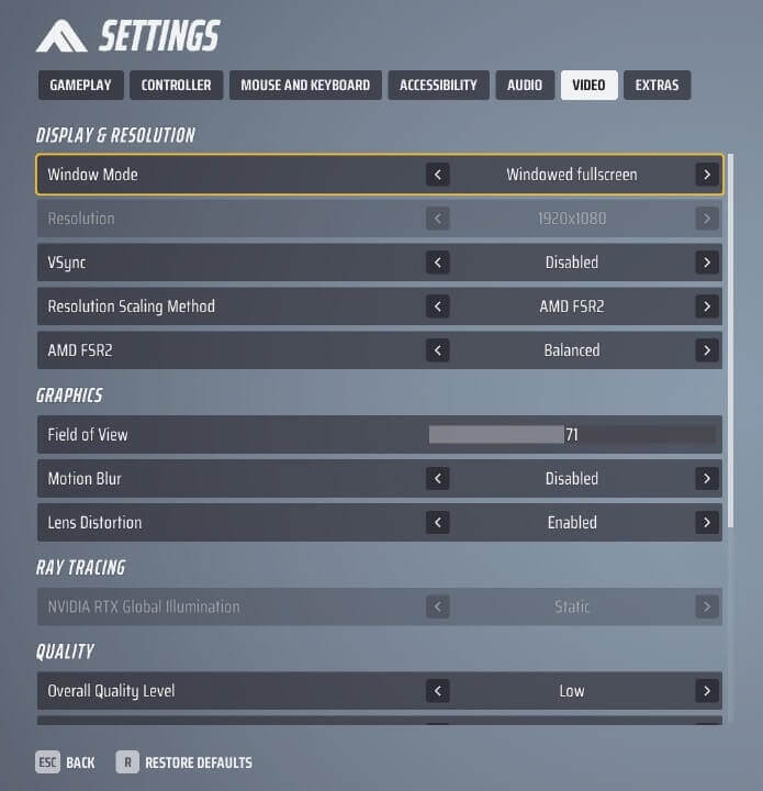 A screenshot of video settings inside The Finals