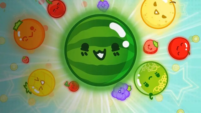 The Suika Game watermelon and other fruits with emoji faces on blue background