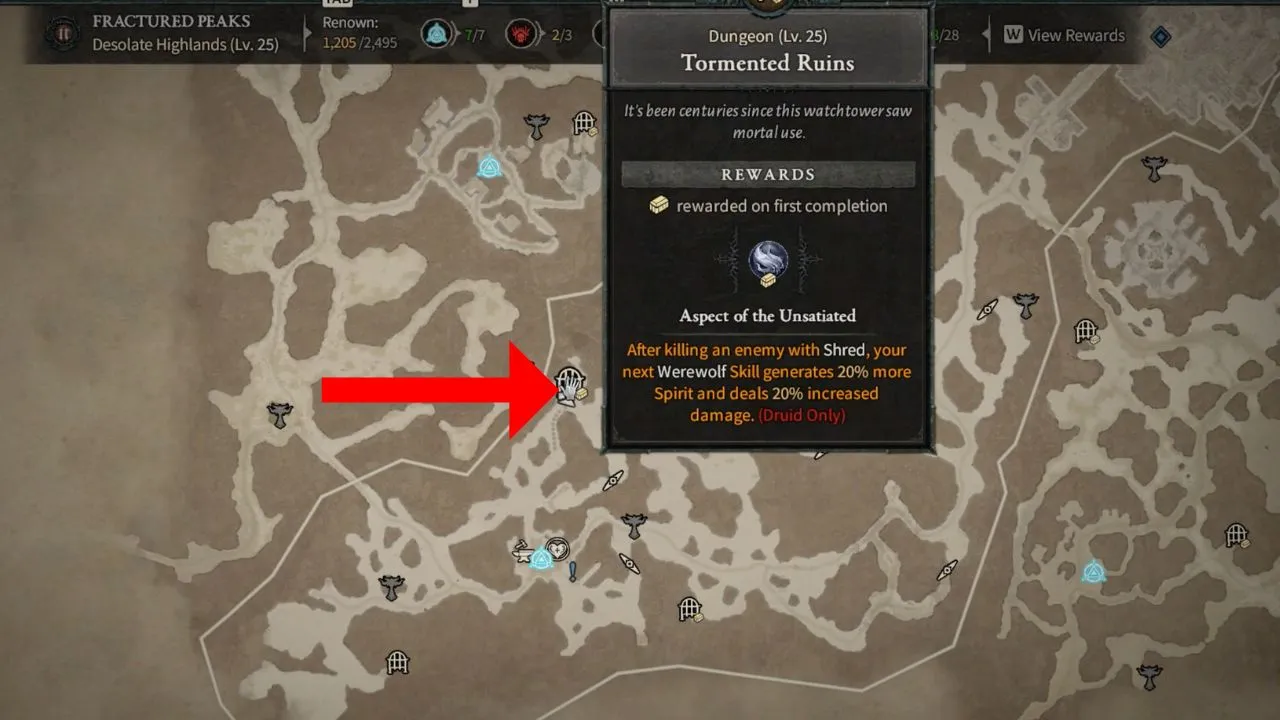 Red arrow pointing to the tormented dungeon in diablo 4