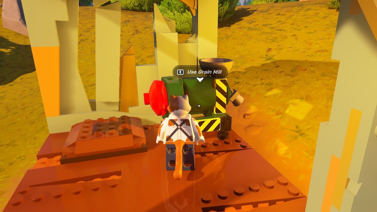 A LEGO Fortnite characters standing next to a Grain Mill.