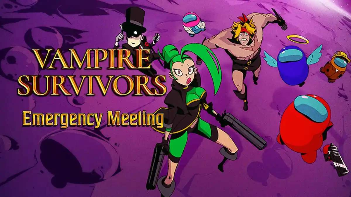 Vampire Survivors characters and Among Us crewmates over a purple background.