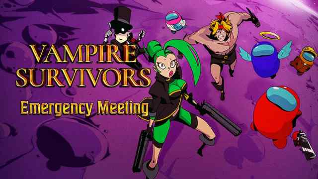 Vampire Survivors characters and Among Us crewmates over a purple background.