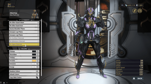 A Warframe standing in the Arsenal with the armor attachments menu open. The cursor is hovered over the Signa section of the menu.