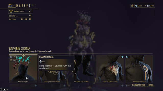 The Market screen in Warframe. A variety of armor attachments available to purchase are listed, with the cursor highlighting an item called 'Envine Signa.'