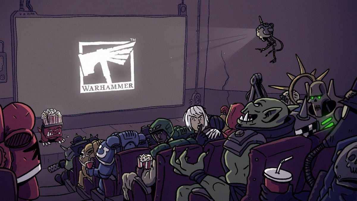 Warhammer 40K Amazon Games Workshop partnership characters sitting in a movie theatre