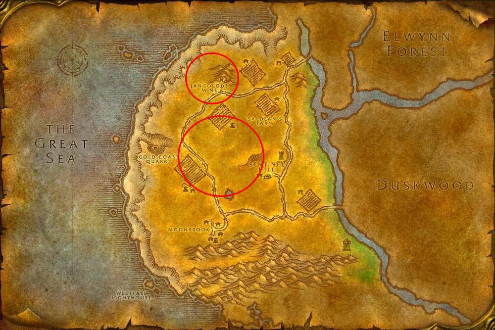 Map of Westfall in WoW Classic with Defias NPC locations noted by red circles.