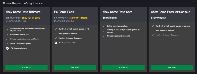 Xbox Game Pass plans on the official Xbox website