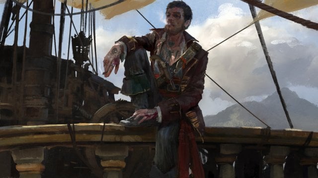 A pirate smoking and sitting on ship railing