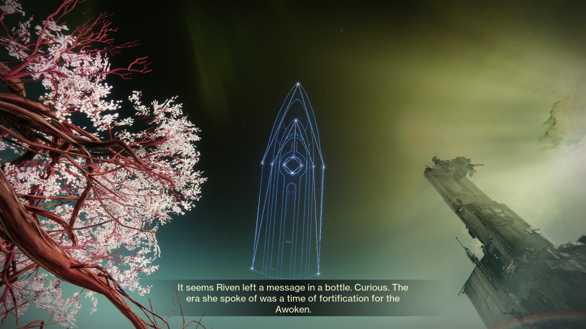 Constellation Tower in Destiny 2 with a cherry blossom tree nearby