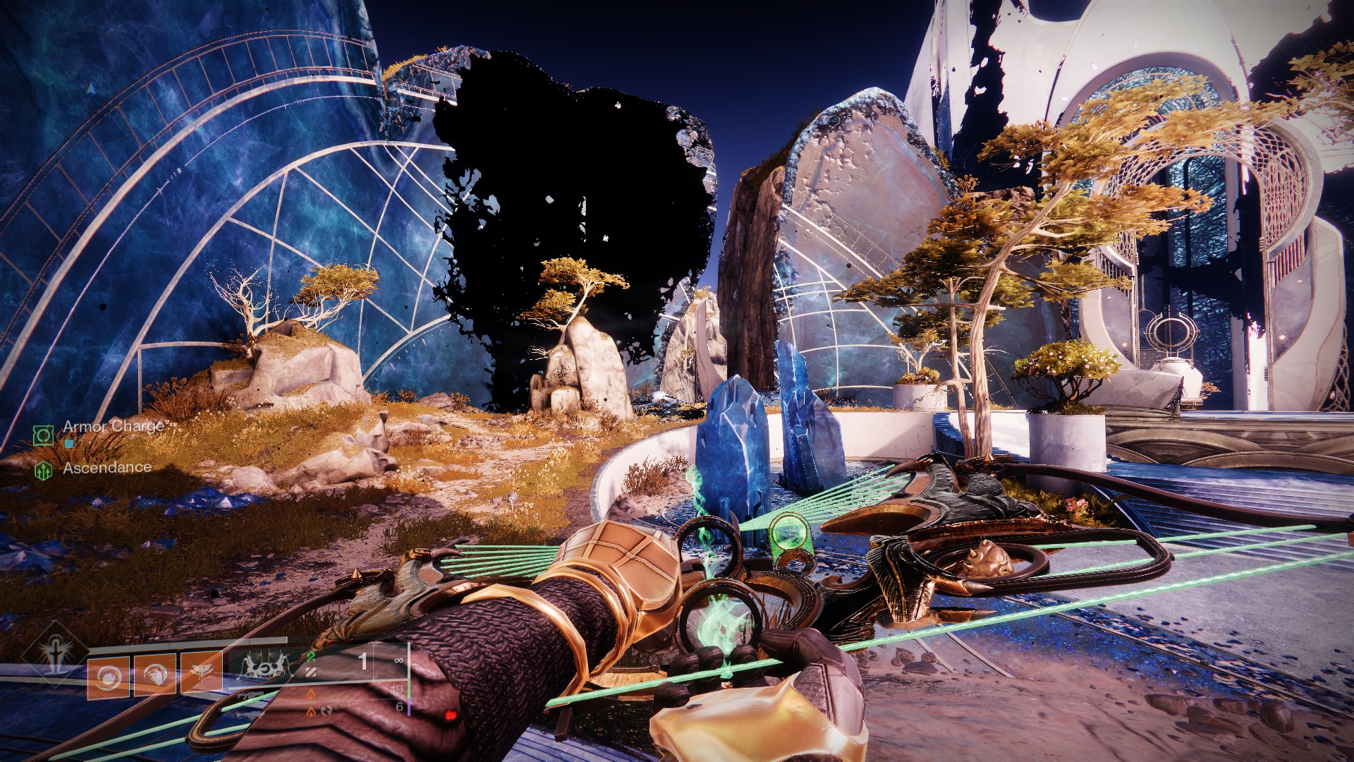 A Guardian with Wish-Keeper points at the left path from the entrance to the Spine of Keres