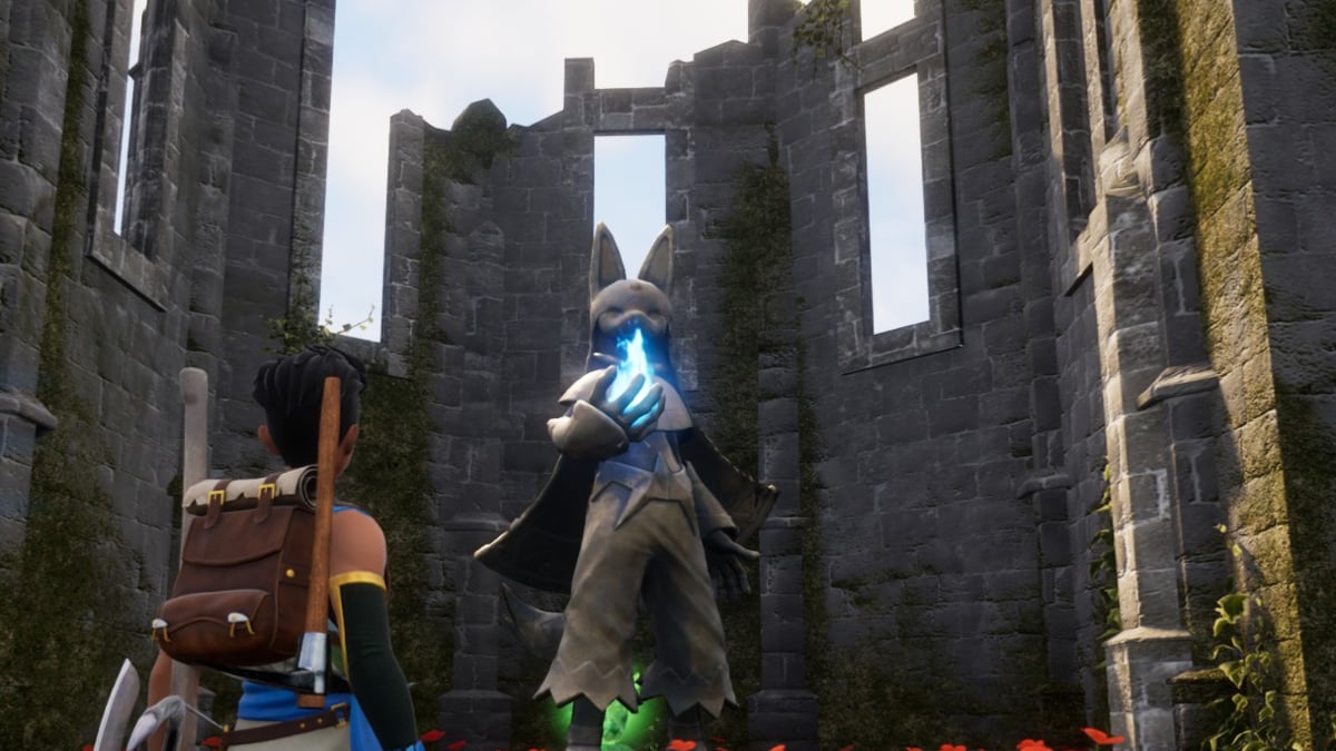 A player looking at a statue of a Pal in Palworld.