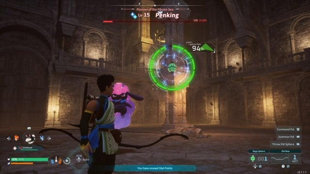 A player in Palworld capturing a Penking using a Mega Sphere.