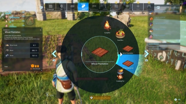 A player in Palworld hovering over the Wheat Plantation in the build menu.