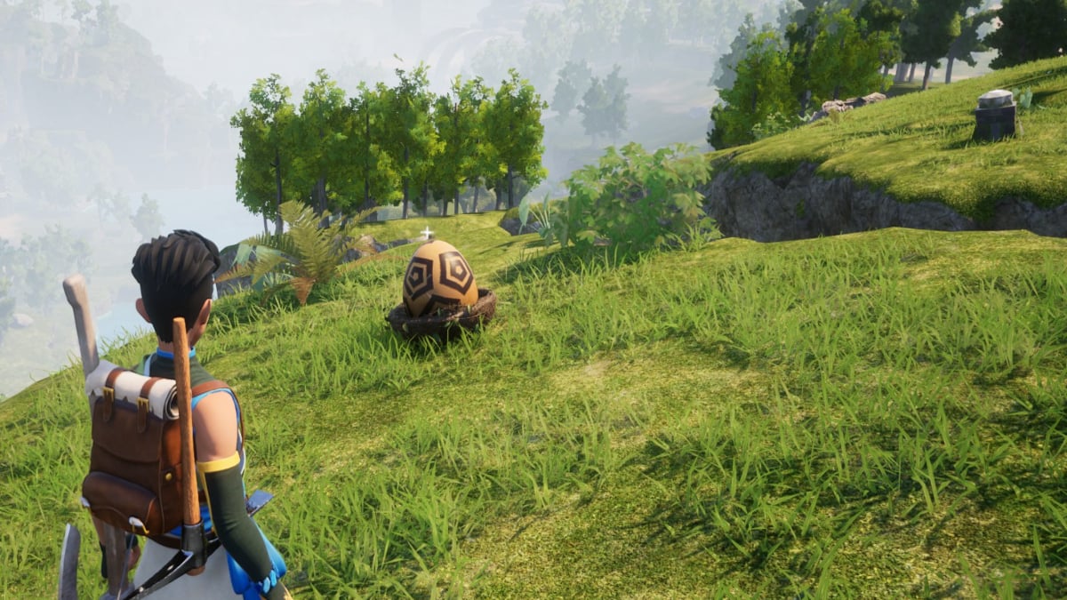 A player looking at an egg in Palworld near the edge of a cliff.