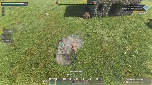 Enshrouded character is using a pickaxe to dig the ground for some dirt