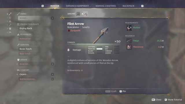 Enshrouded crafting recipe for Flint Arrows