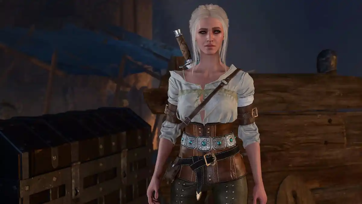 An in game image of the Ciri clothes mod on a human female in Baldur's Gate 3.