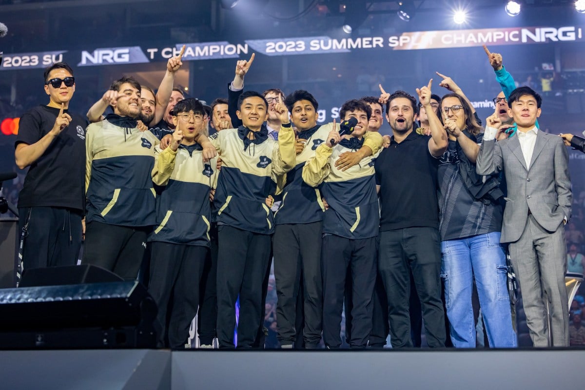 NRG, complete with its LCS players, staff, and management, celebrate the organization's first LCS win.