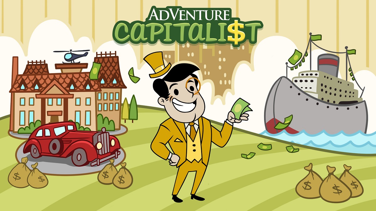 An image of the main character standing with his assets in AdVenture Capitalist.