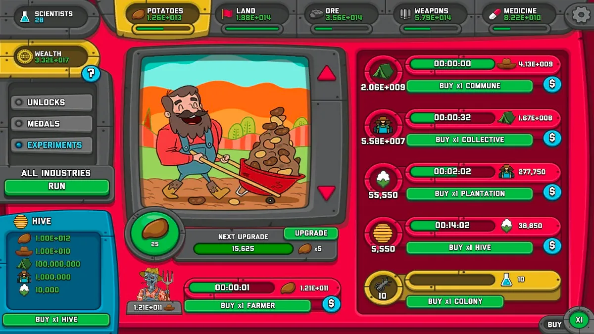 An image of the farmer and his upgrades in AdVenture Communist.