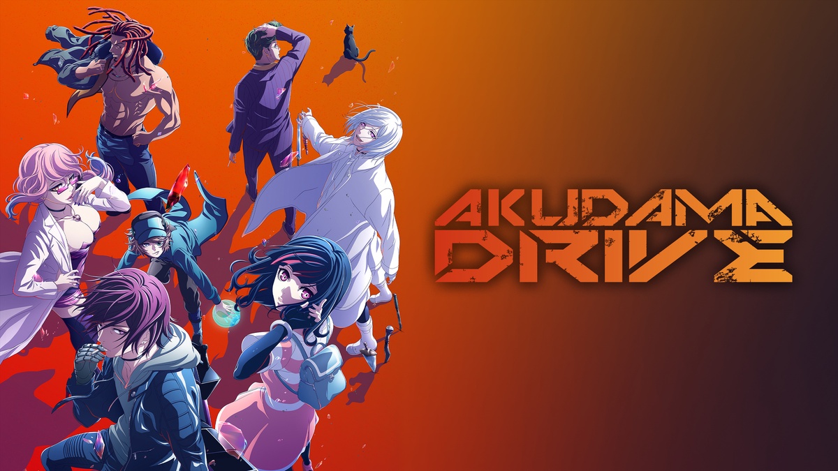 Akudama Drive promo aert with a buch of characters to the left of the title