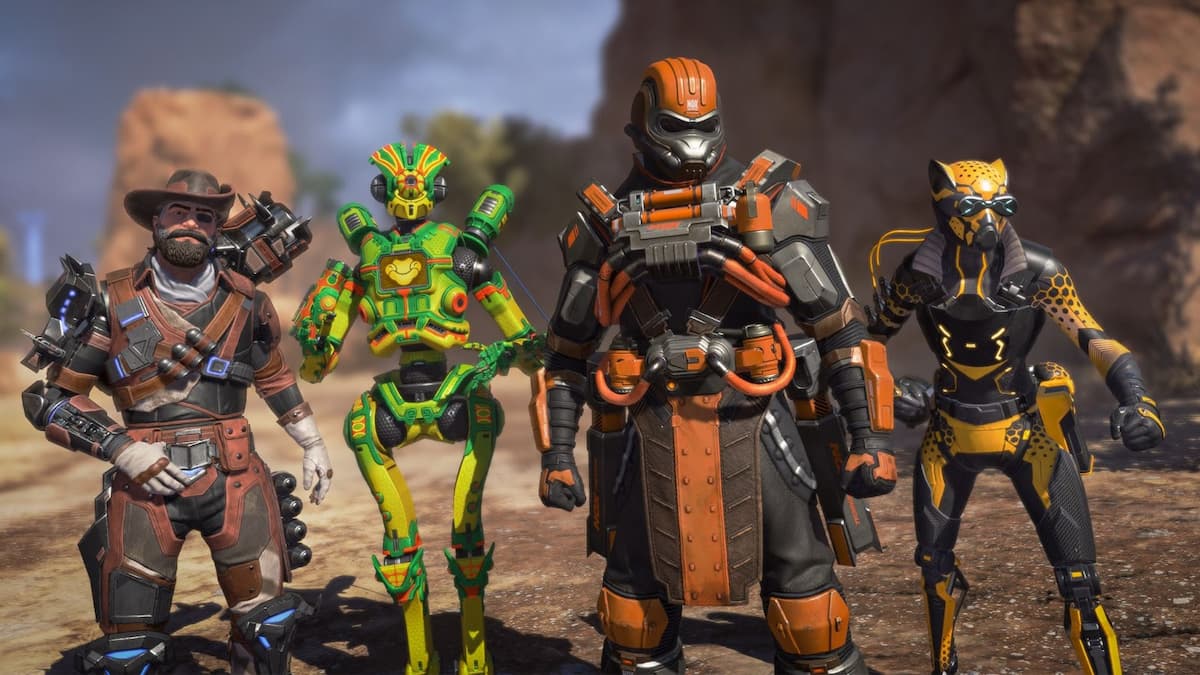 Mirage, Pathfinder, Caustic, and Octane standing idle.