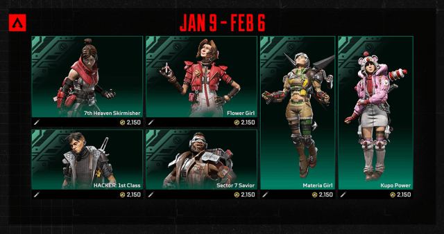 Image showing the new skins available for Apex Characters Wraith, Horizon, Crypto, Newcastle, Valkyrie, and Wattson.