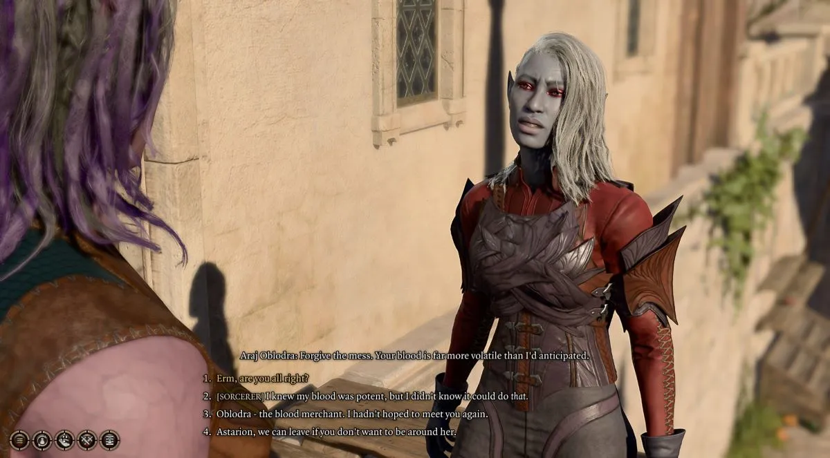 An in game screenshot of Araj Oblodra speaking to the player character in the city of Baldur's Gate.