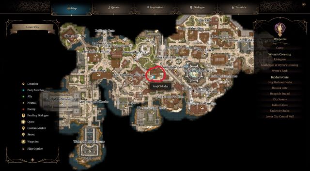 A screenshot of the map of the Lower City in Baldur's Gate 3, with a red circle highling a location in its center.