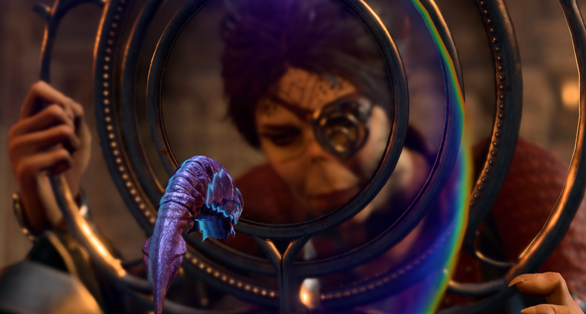 Image of a Githyanki looking at a mind flayer tadpole in BG3.