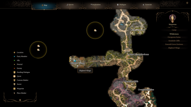 Image of the map in BG3 leading to the Blighted Village.