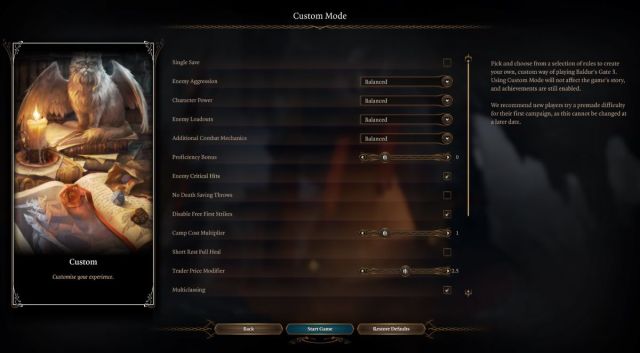An in game screenshot of the Custom Mode settings menu in Baldur's Gate 3.
