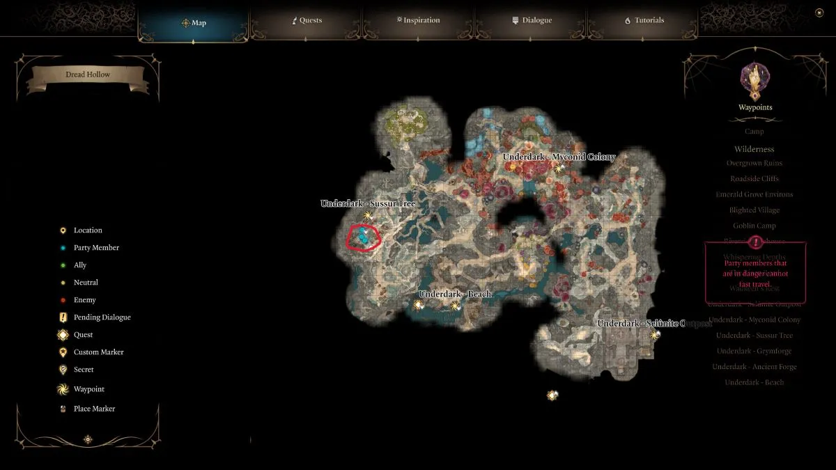 An in game screenshot of the map of the Underdark in Baldur's Gate 3.