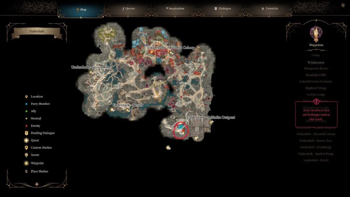 An in game screenshot of the map of the Underdark in Baldur's Gate 3.